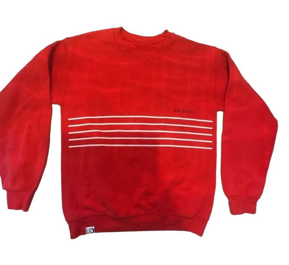 Live Original Red Long Sleeve Crewneck Sweatshirt with White Stripes and 'ORIGIN